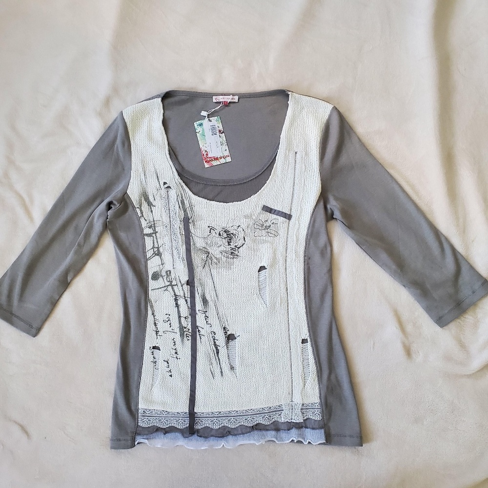 NWT KALISSON SAGE CREAM PATTERNED 3/4 SLEEVE TOP SIZE LARGE